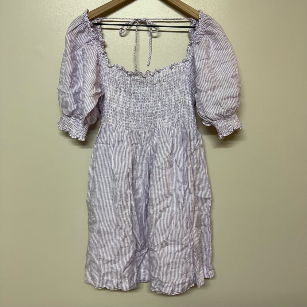 Hill House Athena Nap Dress Linen Lilac Stripe Puff-sleeve Smocked, Med - Picture 2 of 8